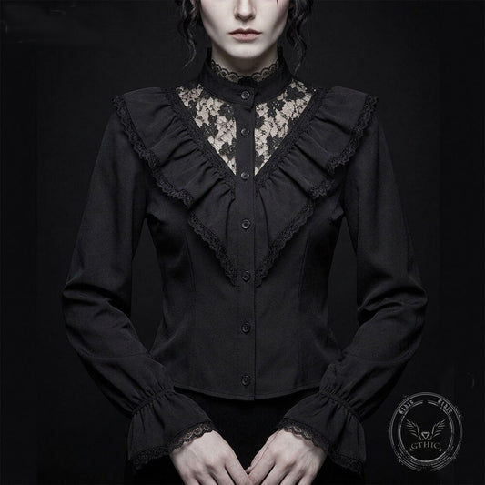 Dark Lace Hollow Ruffled Gothic Shirt Top