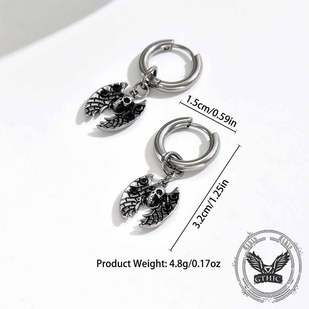 Gothic Bat Skull Dangle Earrings in Stainless Steel