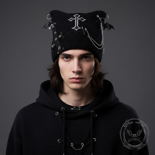 Gothic Bat Wings Cross Chain Cat Ear Knitted Beanies Hat