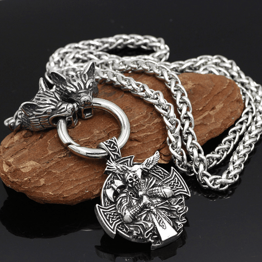 Odin Wolf Raven Viking Necklace in Stainless Steel