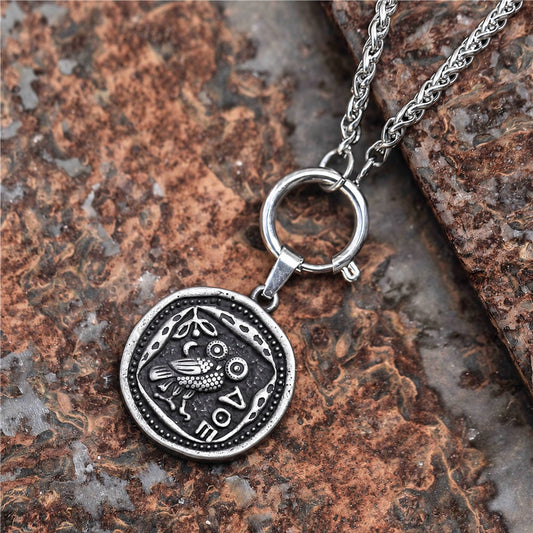 Vintage Owl Coin Necklace in Stainless Steel