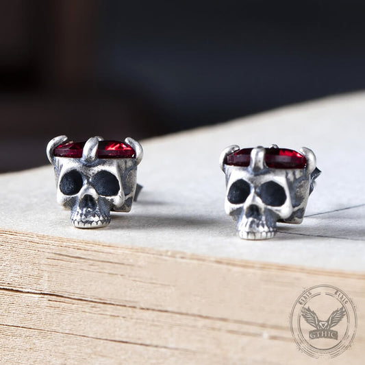 Punk Dark Skull Gemstone Stud Earrings in Sterling Silver