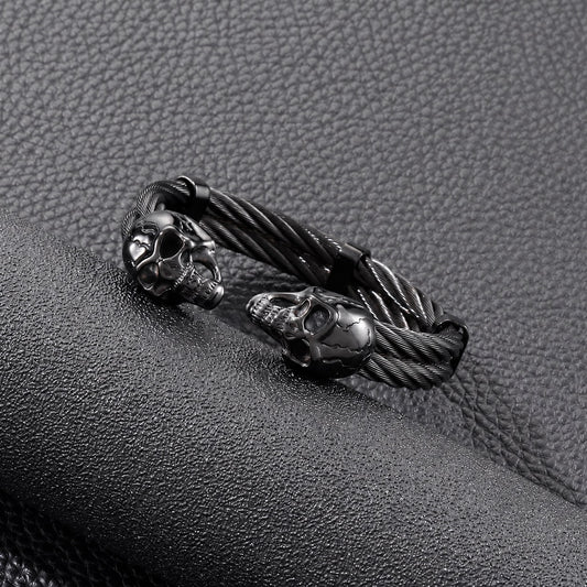Punk Double Skull Wire Bracelet in Stainless Steel
