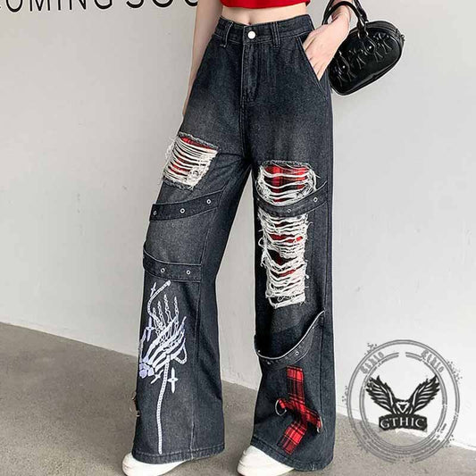 Punk Ripped Skull Hand Print Cross Patch Baggy Jeans