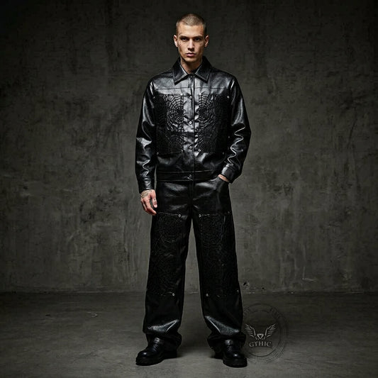 Punk Spider Web Textured PU Leather Jacket Pants