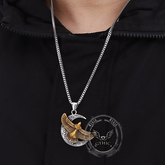 Retro Eagle Moon Pendant in Stainless Steel