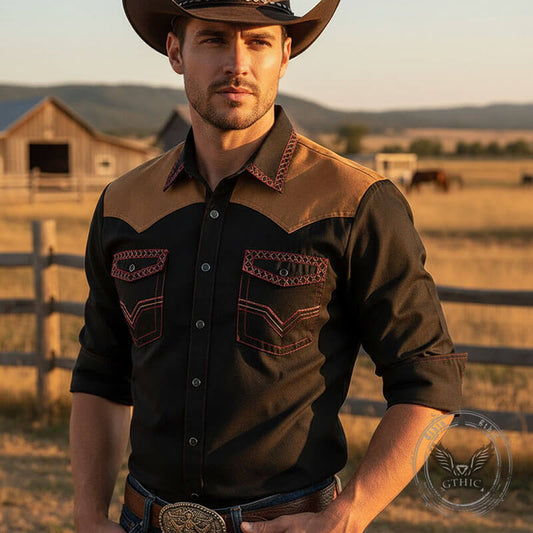 Retro Western Cowboy Patchwork Long-Sleeve Shirt
