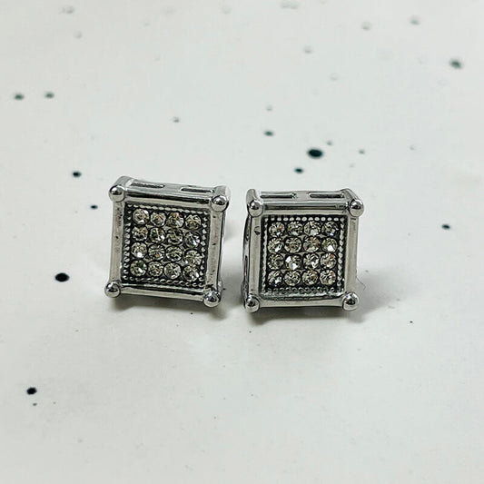 Round Square Stainless Steel Gemstone Stud Earrings