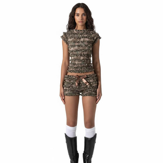 Sexy Lace Back Hollow Lace-Up Vest Bow Shorts Set