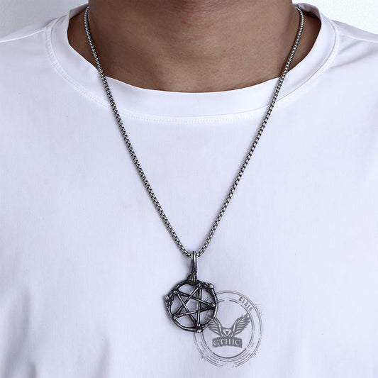Skeleton Hand and Circle Pentagram Pendant in Stainless Steel