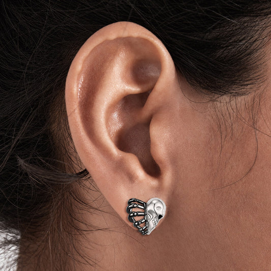 Skull Face Heart Stud Earrings in Sterling Silver