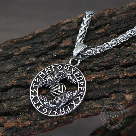 Viking Odin Raven Valknut Rune Pendant in Stainless Steel