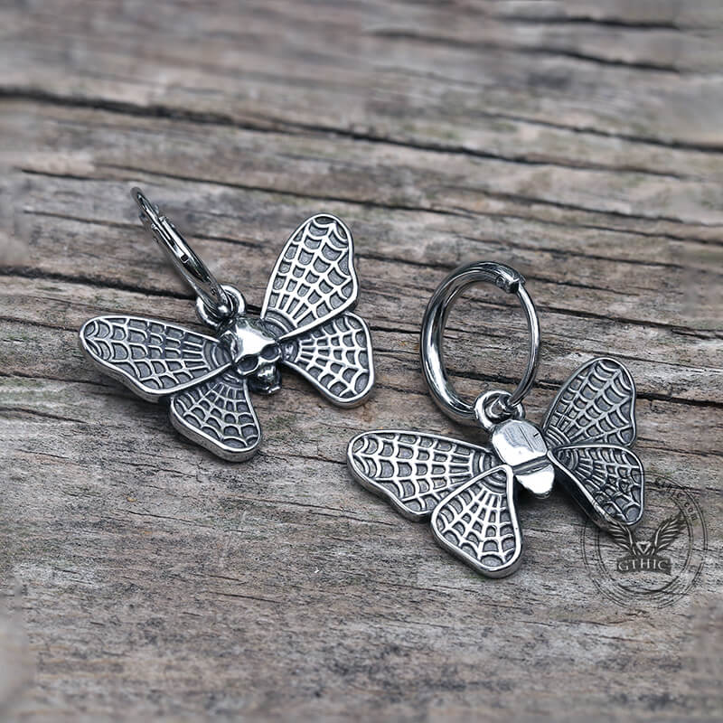 Vintage Butterfly Skull Hoop Earrings in Stainless Steel
