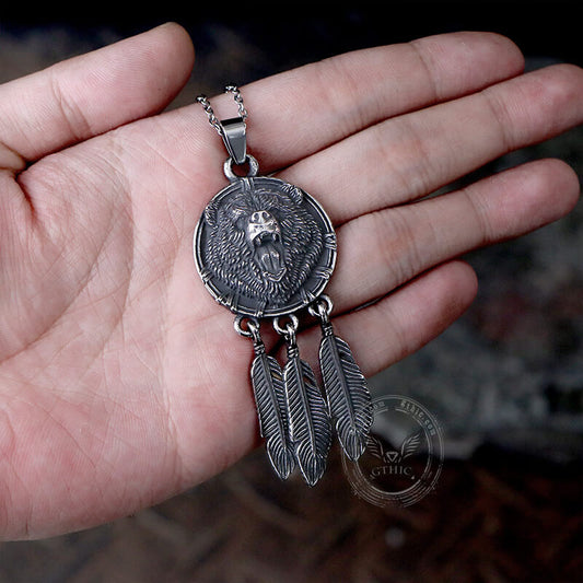 Vintage Feather Bear Head Animal Pendant in Stainless Steel