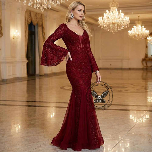 Vintage Lace Embroidery Fishtail Slim Evening Dress