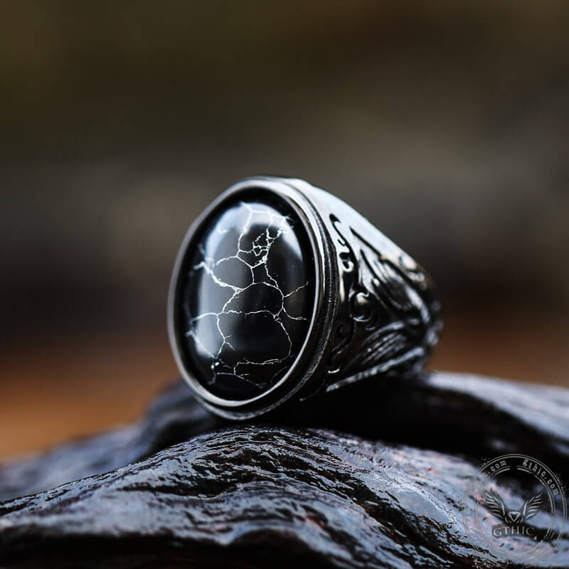 Black Turquoise Patterned Ring in Stainless Steel