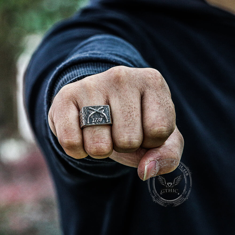 1776 Crossed Guns Ring in Stainless Steel