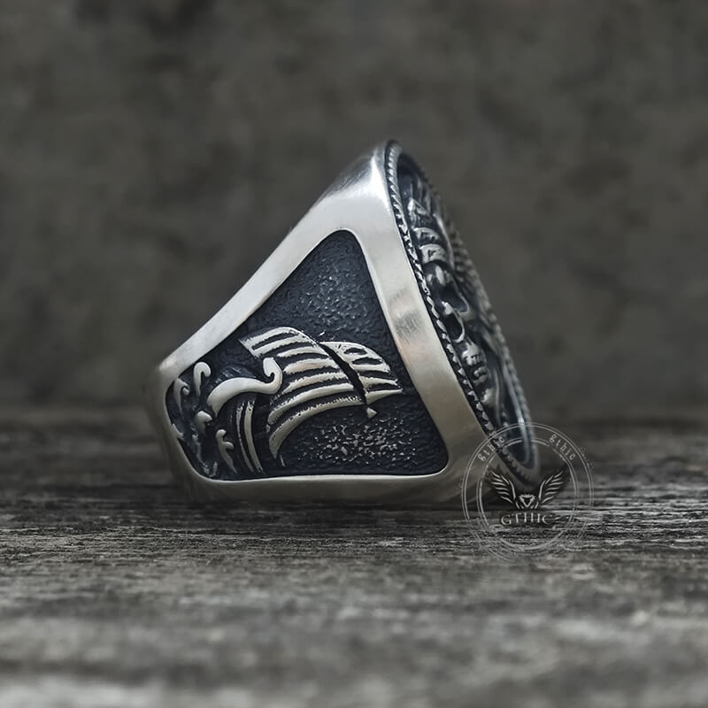 1936 Pirate Skull Sailboat Eagle Sterling Silver Ring