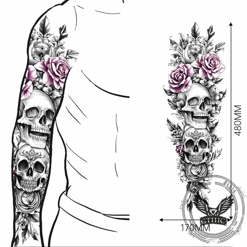 4 Pcs Skull And Flower Full Arm Temporary Tattoo Stickers
