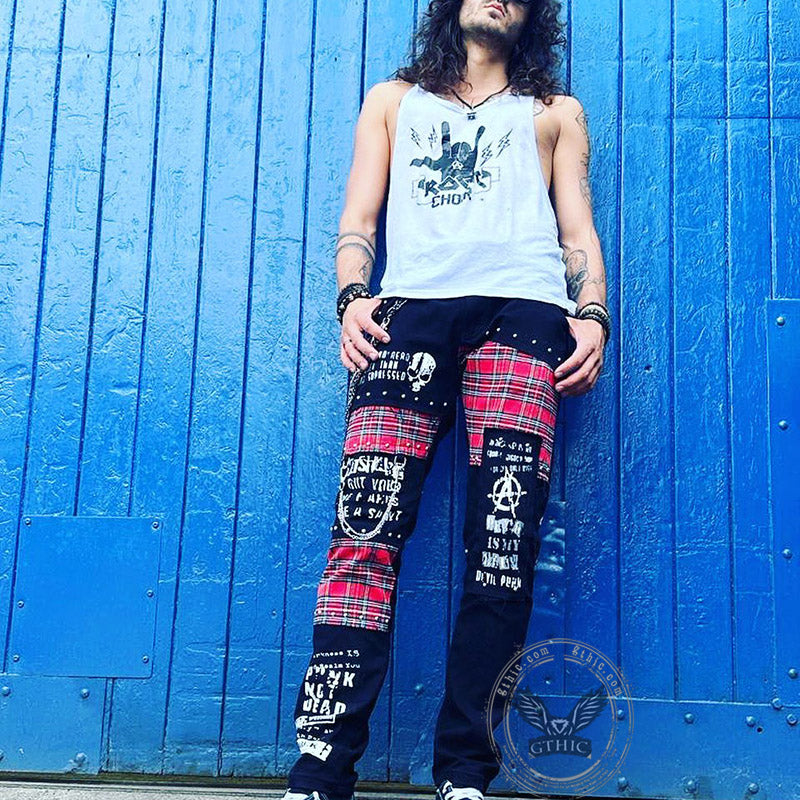 Patch Skull Print Cotton Men's Punk Pants