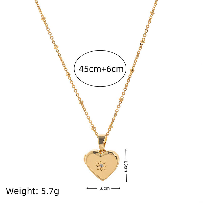 Simple Zirconic Oval Heart Photo Album Copper Locket Necklace