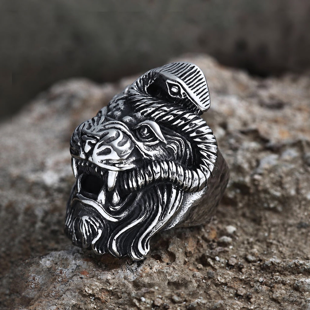 Roaring Lion and Snake Animal Ring in Stainless Steel