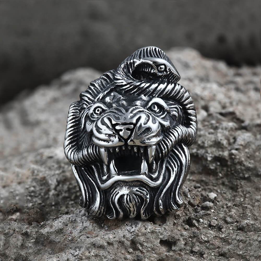Roaring Lion and Snake Animal Ring in Stainless Steel