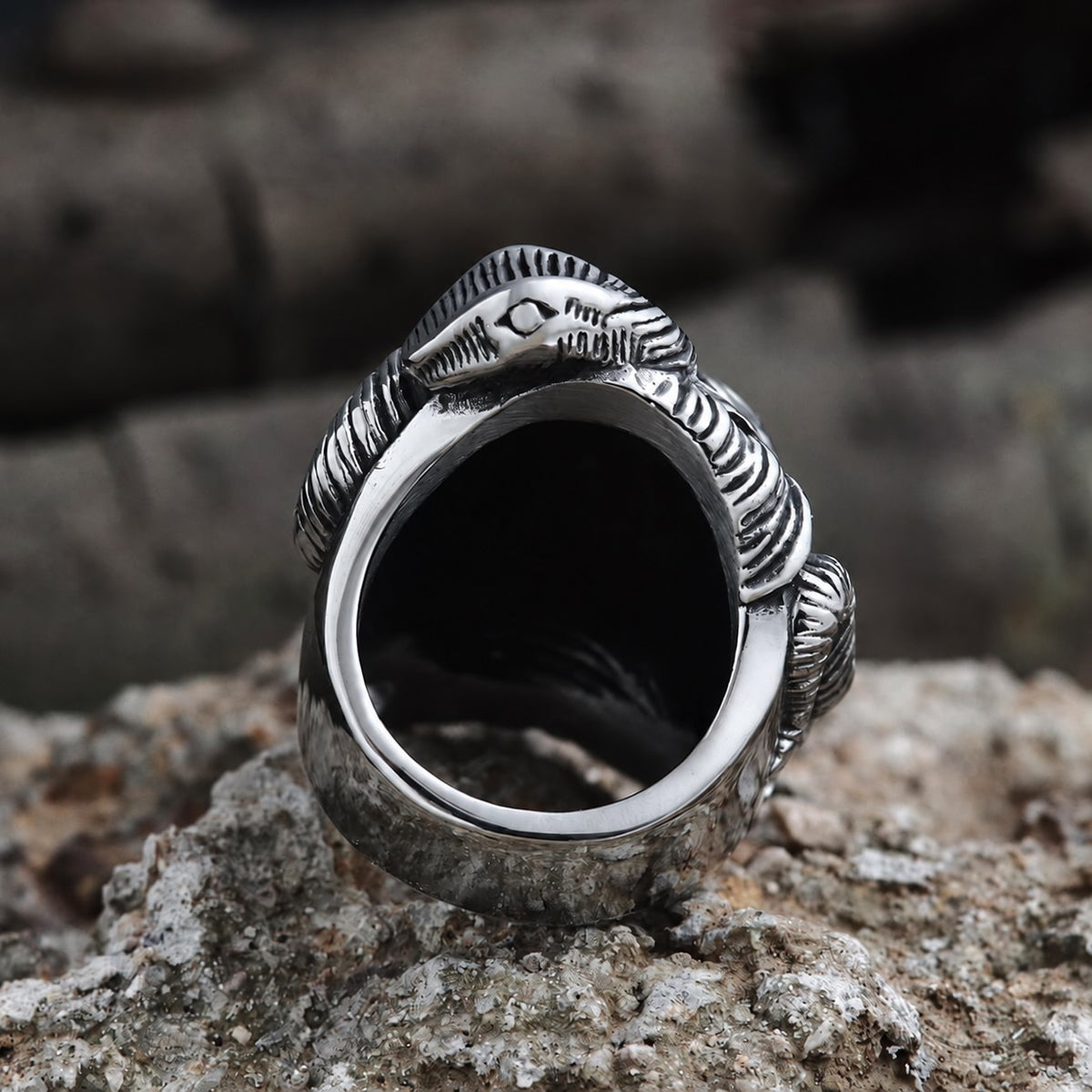 Roaring Lion and Snake Animal Ring in Stainless Steel