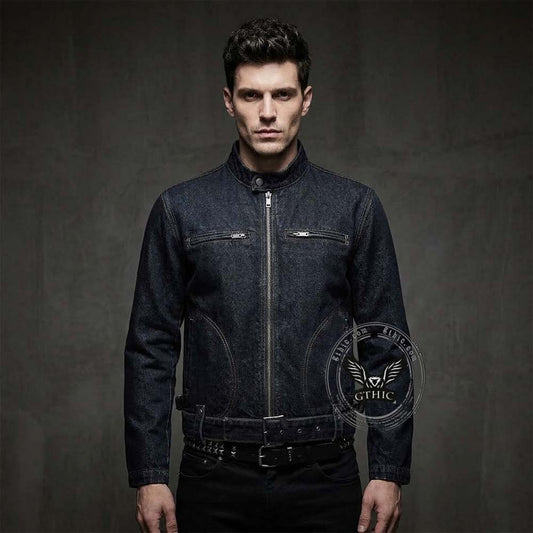 American-Style Stand Collar Biker Denim Jacket