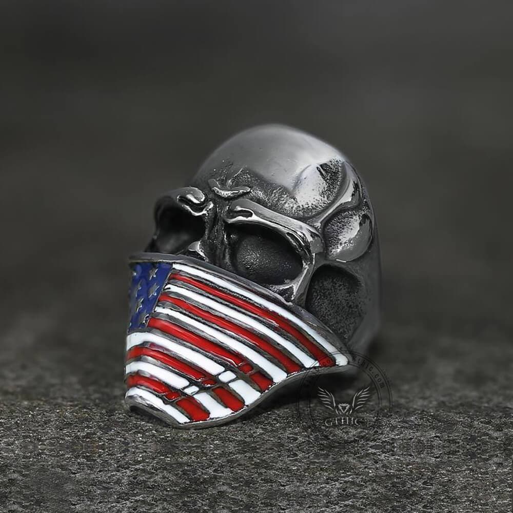 American Flag Stainless Steel Skull Ring