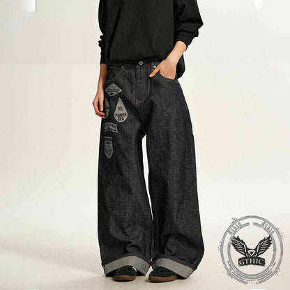 American Hip-Hop Letter Embroidered Wide-Leg Jeans