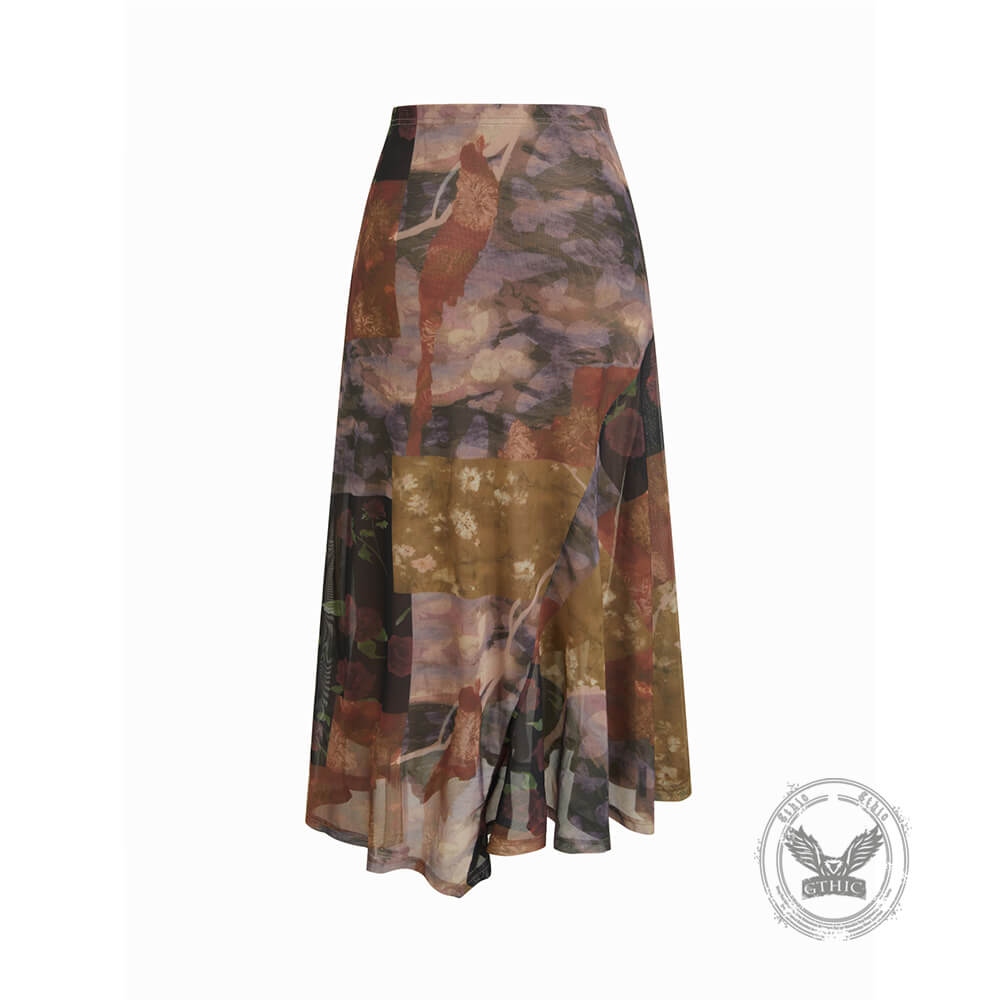 American Retro Floral Mesh Asymmetrical Skirt