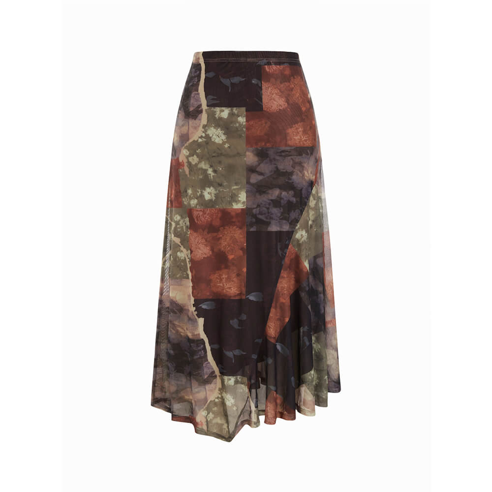 American Retro Floral Mesh Asymmetrical Skirt