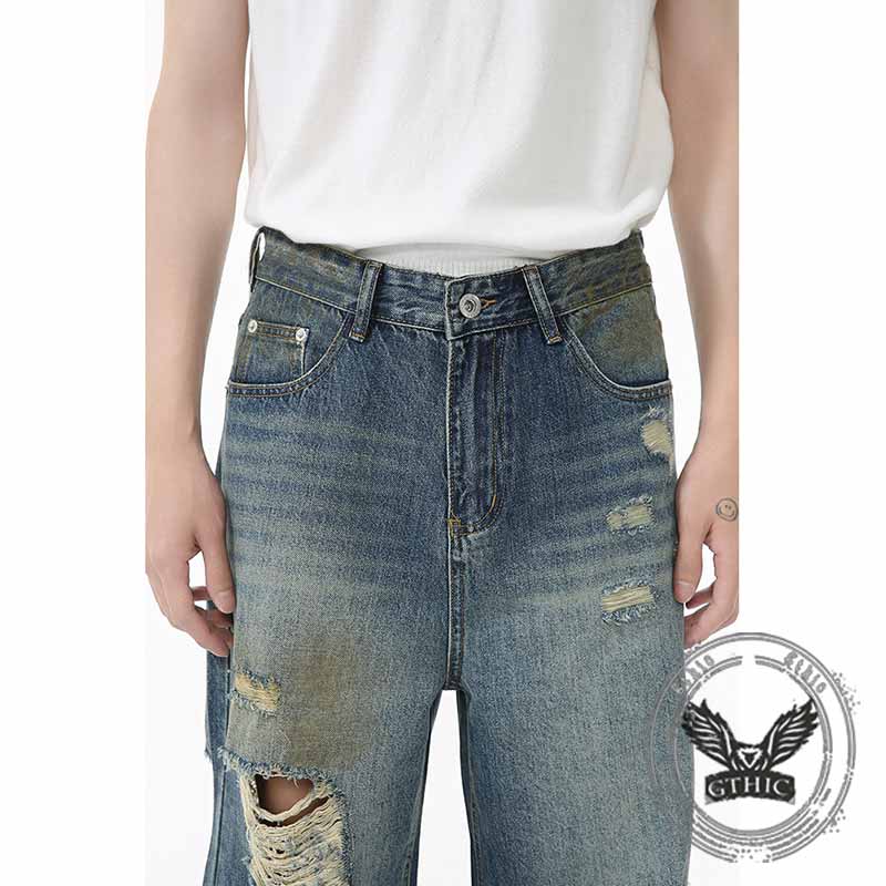 American Style Distressed Dirty-Dyed Wide-Leg Jeans