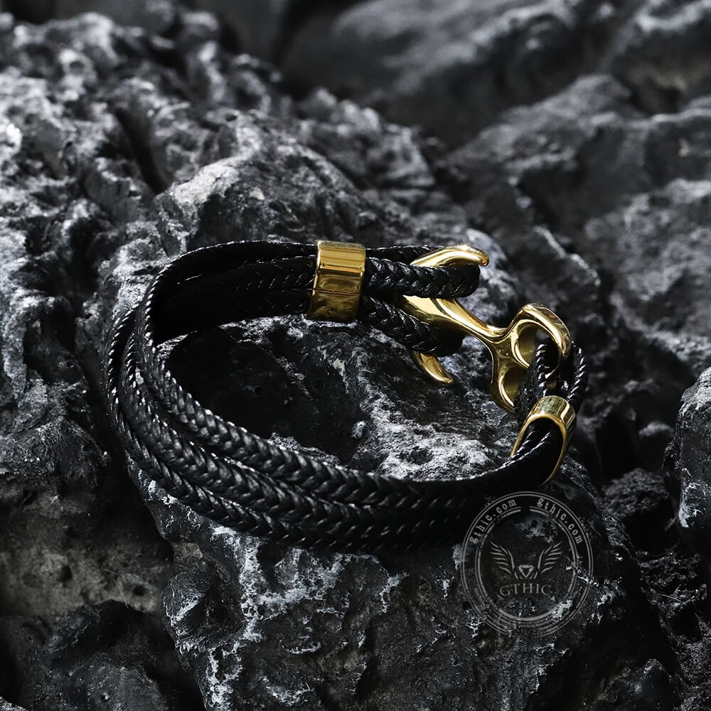 Anchor Buckle Braided Leather Bracelet in Stainless Steel