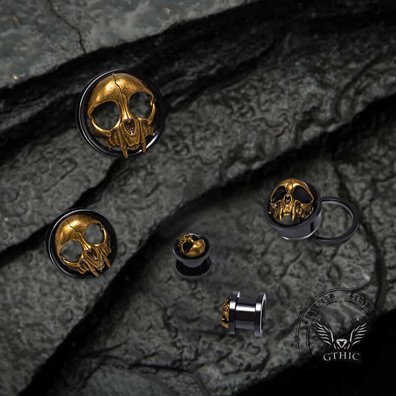 Antique Gold Skull Stainless Steel Ear Gauges