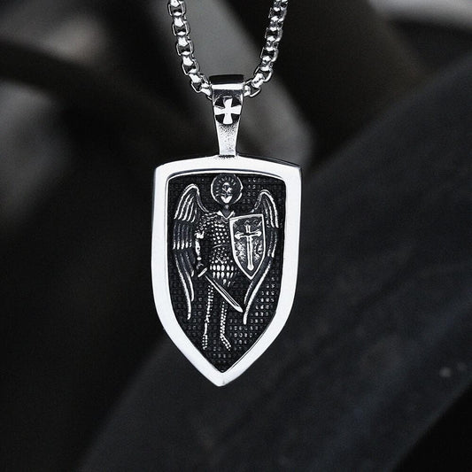 Archangel Saint Michael Shield Pendant in Stainless Steel