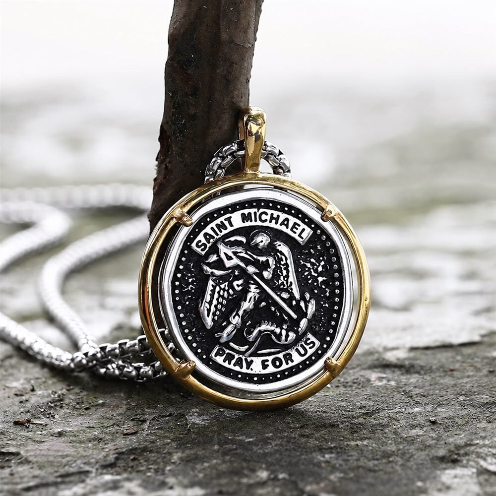 Archangel Saint Michael Coin Necklace in Stainless Steel