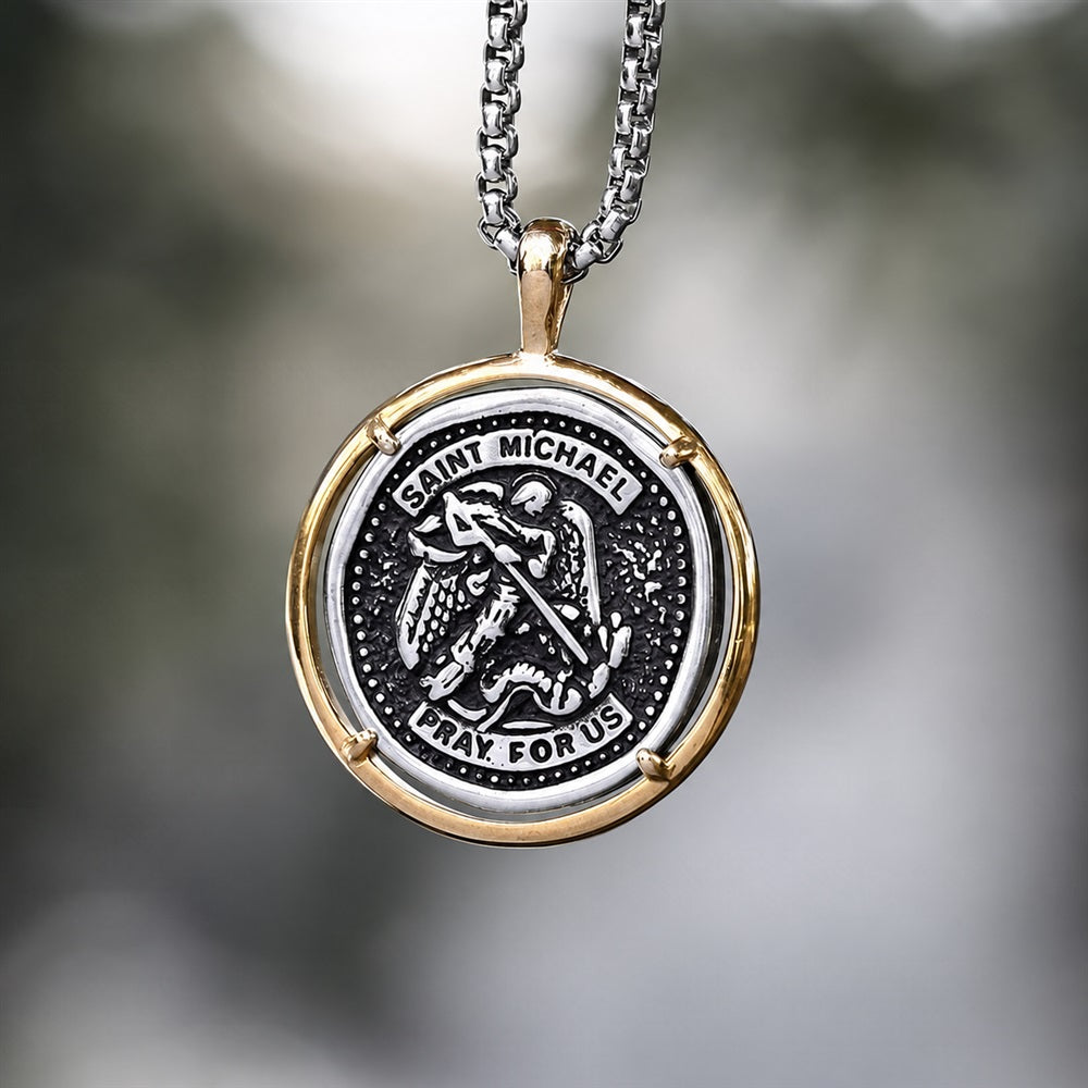 Archangel Saint Michael Coin Necklace in Stainless Steel