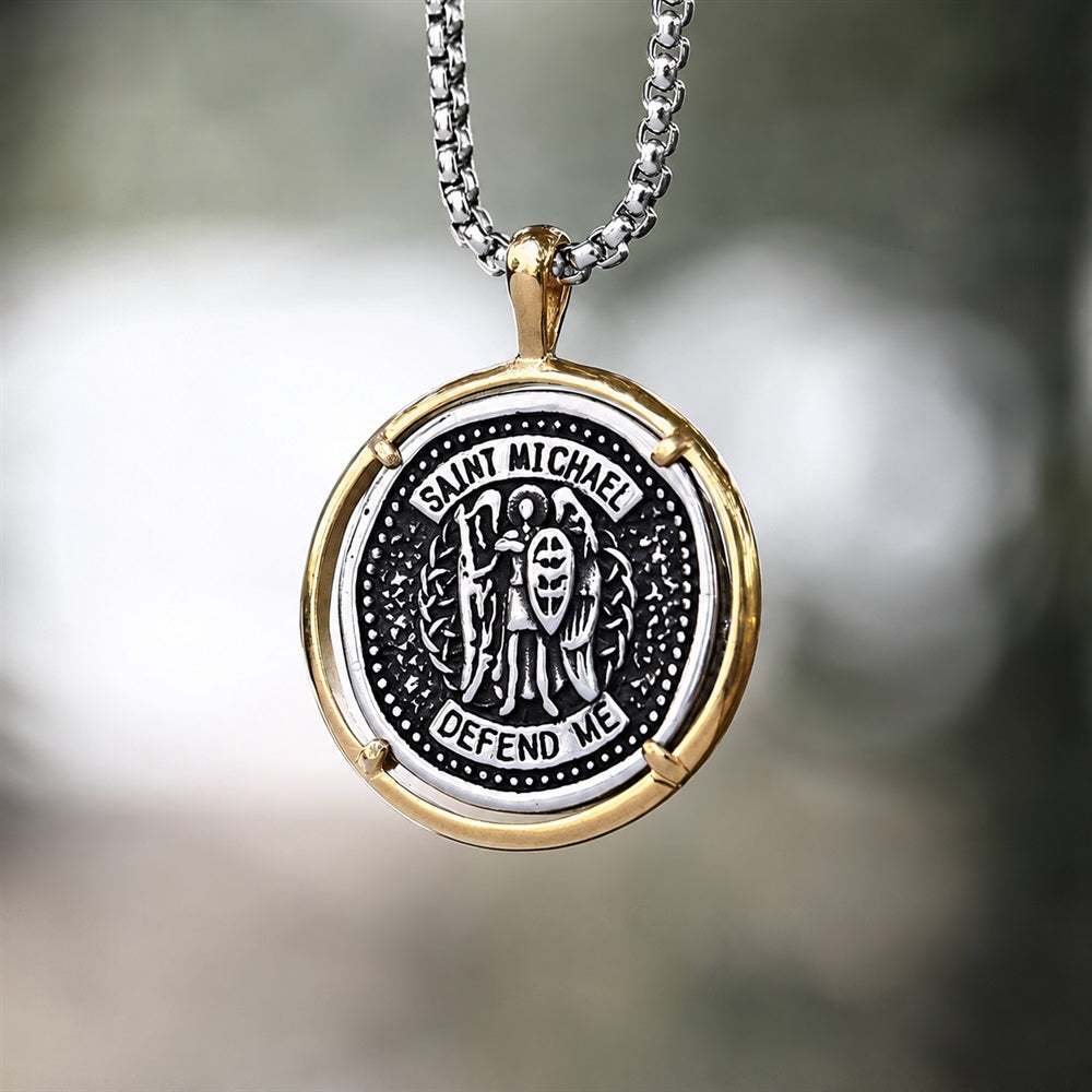 Archangel Saint Michael Coin Necklace in Stainless Steel