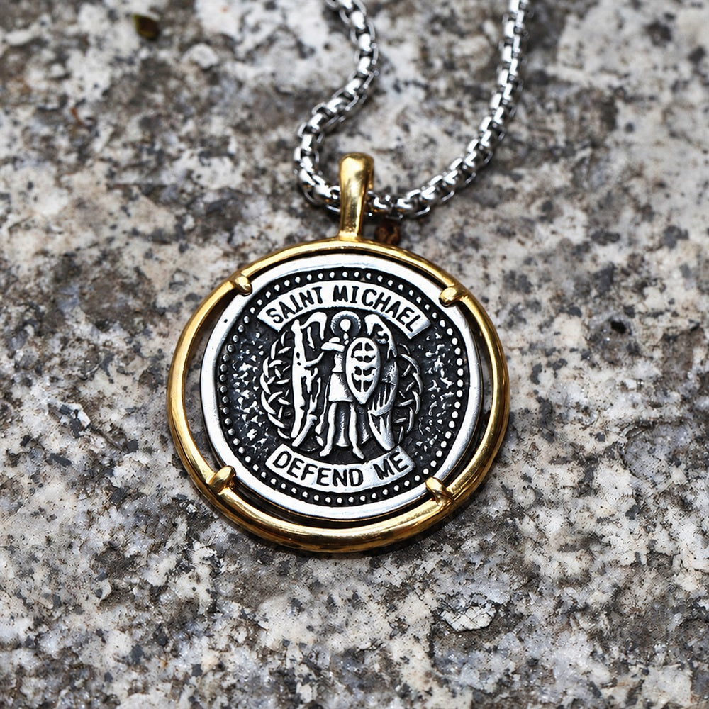 Archangel Saint Michael Coin Necklace in Stainless Steel