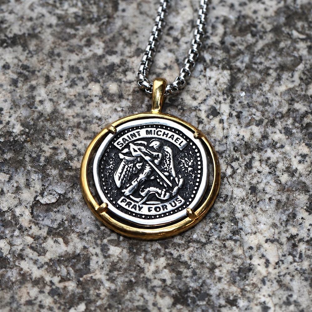 Archangel Saint Michael Coin Necklace in Stainless Steel