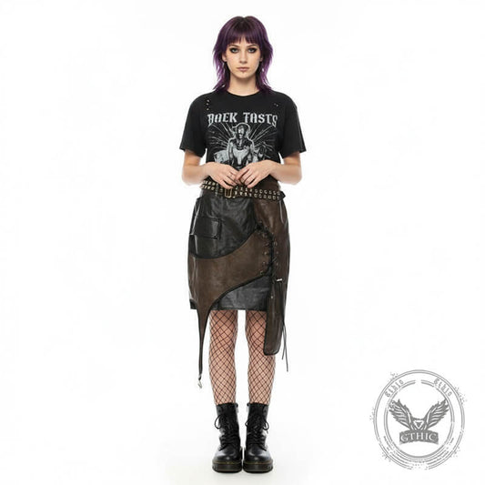 Asymmetrical Patchwork Faux Two-Piece Leather Skirt