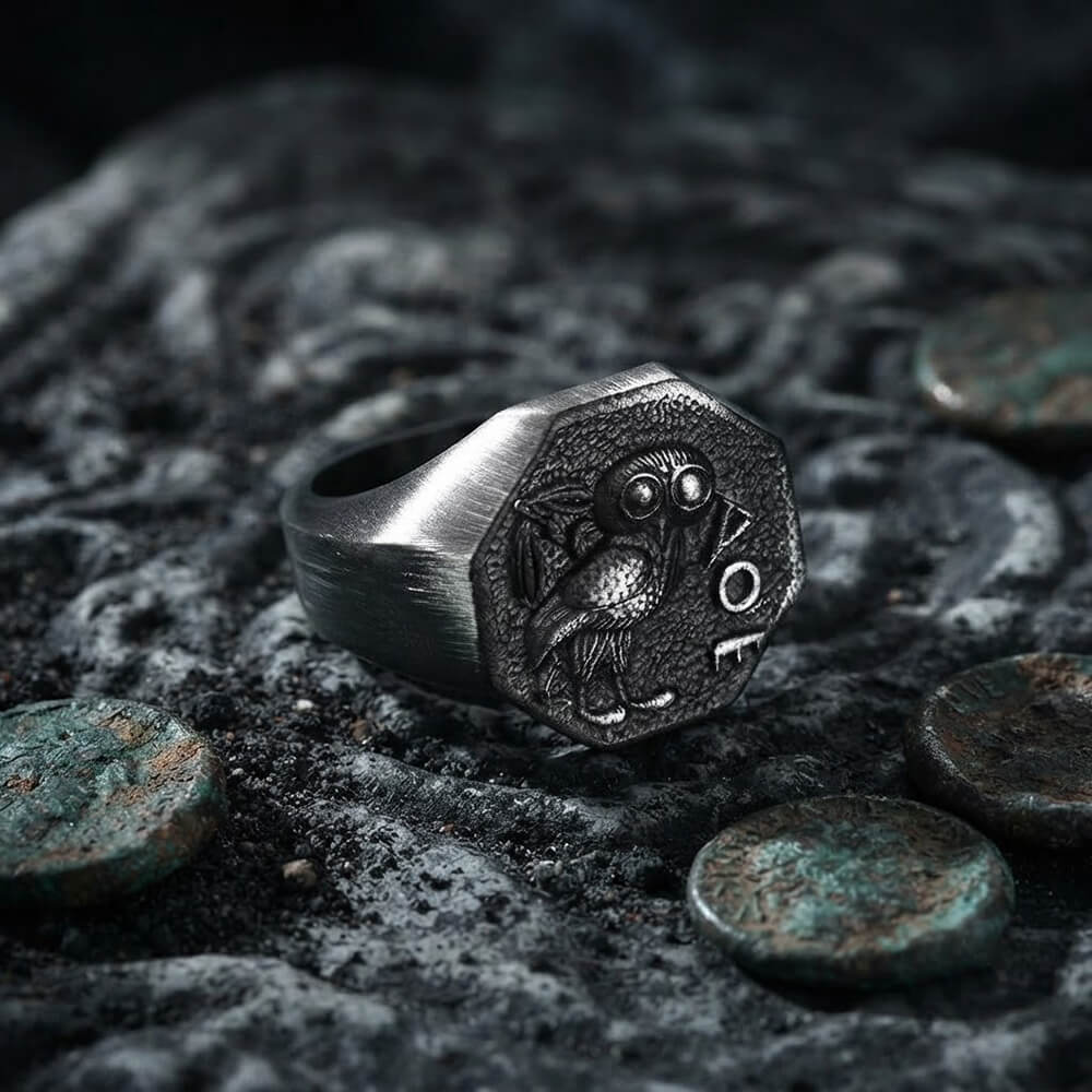 Athena Owl Stainless Steel Vintage Signet Ring