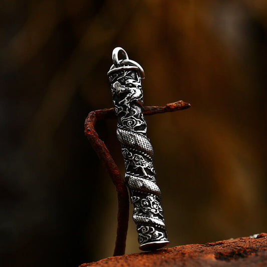 Auspicious Dragon Column Pendant in Stainless Steel
