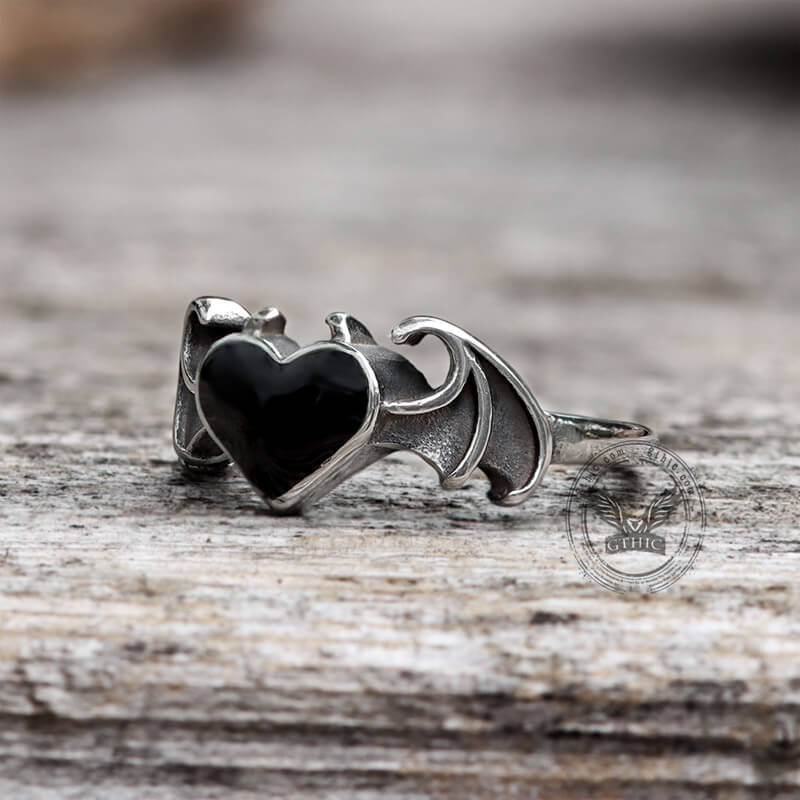 Bat And Heart Gothic Ring in Stainless Steel