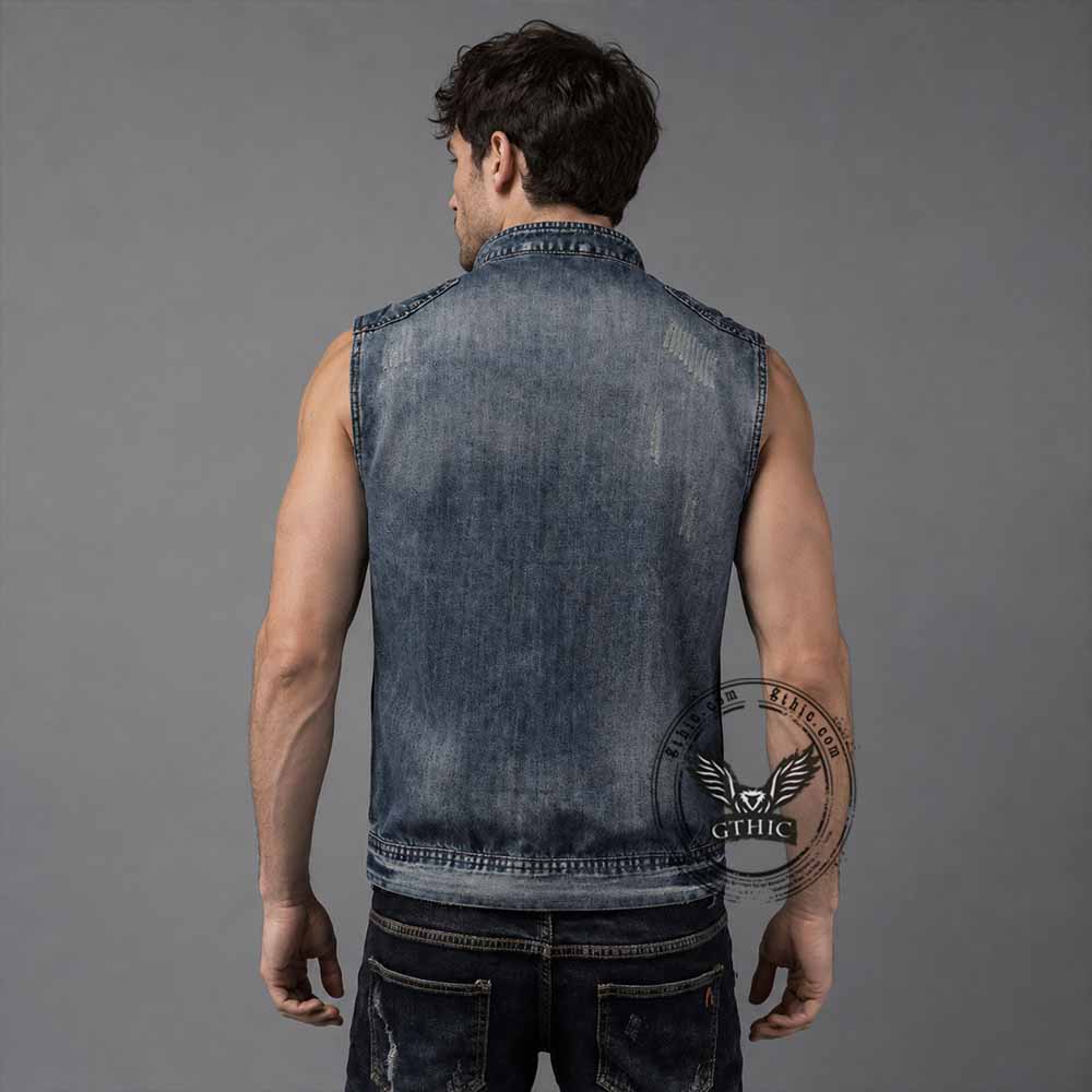 Biker Stand Collar Zipper Cotton Denim Vest