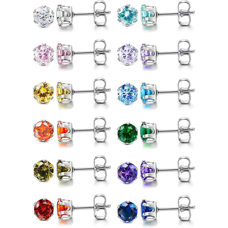 Birthstone Zirconia Stud Earrings in Stainless Steel