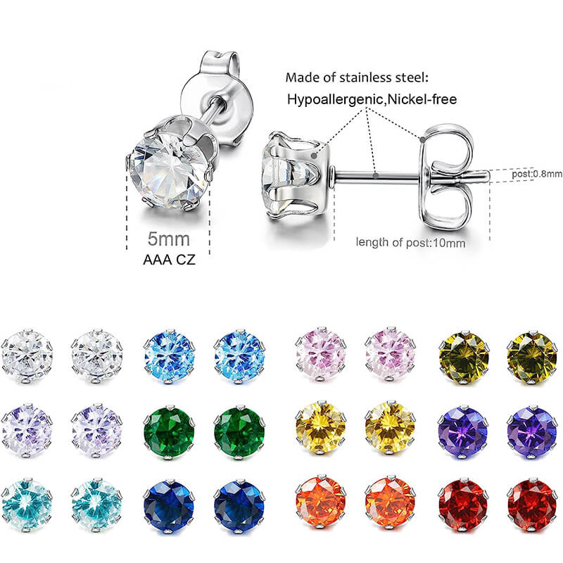 Birthstone Zirconia Stud Earrings in Stainless Steel