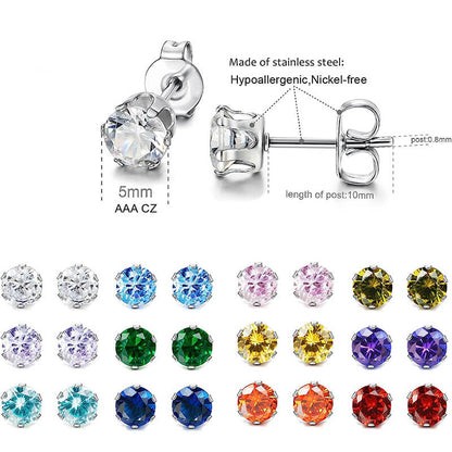 Birthstone Zirconia Stud Earrings in Stainless Steel